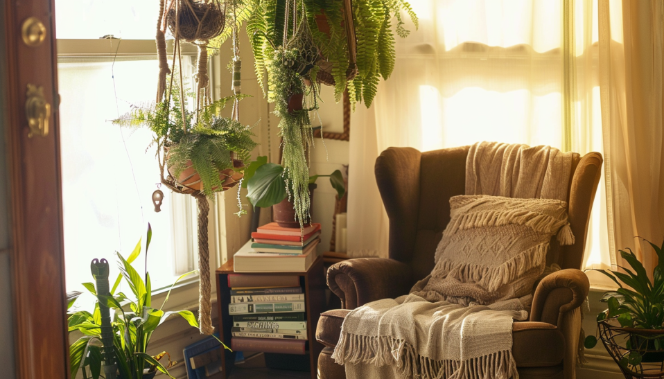 Reading Nook Accented by Hanging Greens