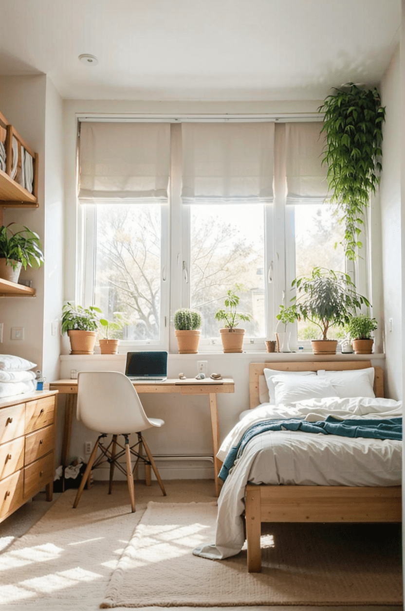 Scandinavian bedroom, small space, white and cream, minimalist design, natural light