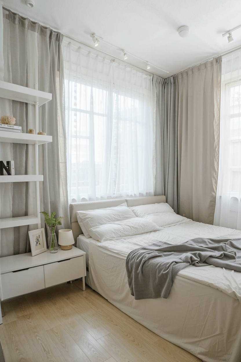 Scandinavian bedroom, small space, white and cream, minimalist design, natural lighting