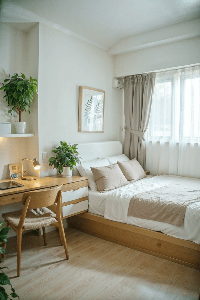 Scandinavian bedroom, small space, white and cream, minimalist design, natural lighting.