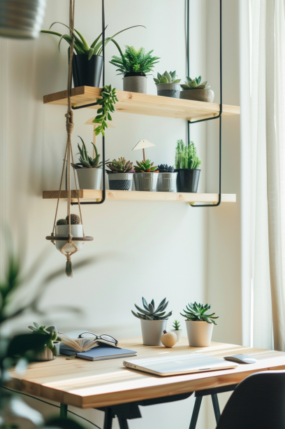 Scandinavian interior, minimalist hanging shelves, succulents, air plants, monochrome pots, work desk, dining area decoration