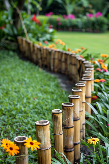 Serene garden with bamboo borders, showcasing sustainable and renewable gardening practices.