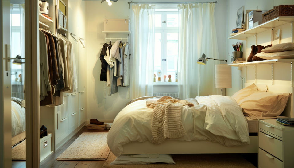 Small bedroom, maximizing space, over-the-door hangers, floating shelves, spacious interior, natural light, modern design