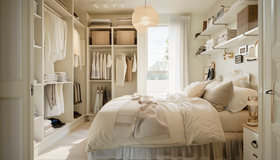 Small bedroom, maximizing space, over-the-door hangers, floating shelves, spacious interior, natural light, modern style