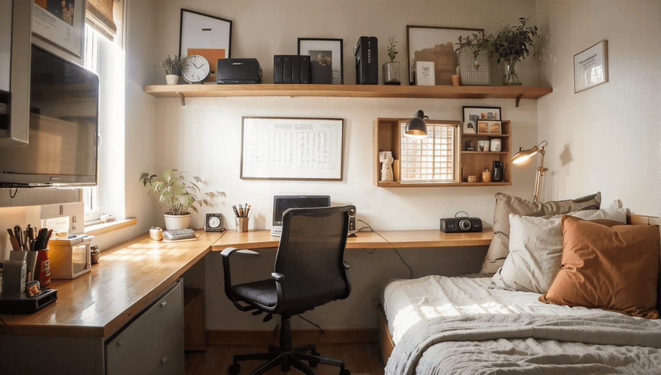 Small bedroom organization, corner workstation, L-shaped desk, vertical shelving, bulletin board, cozy workspace, efficient bedroom layout-