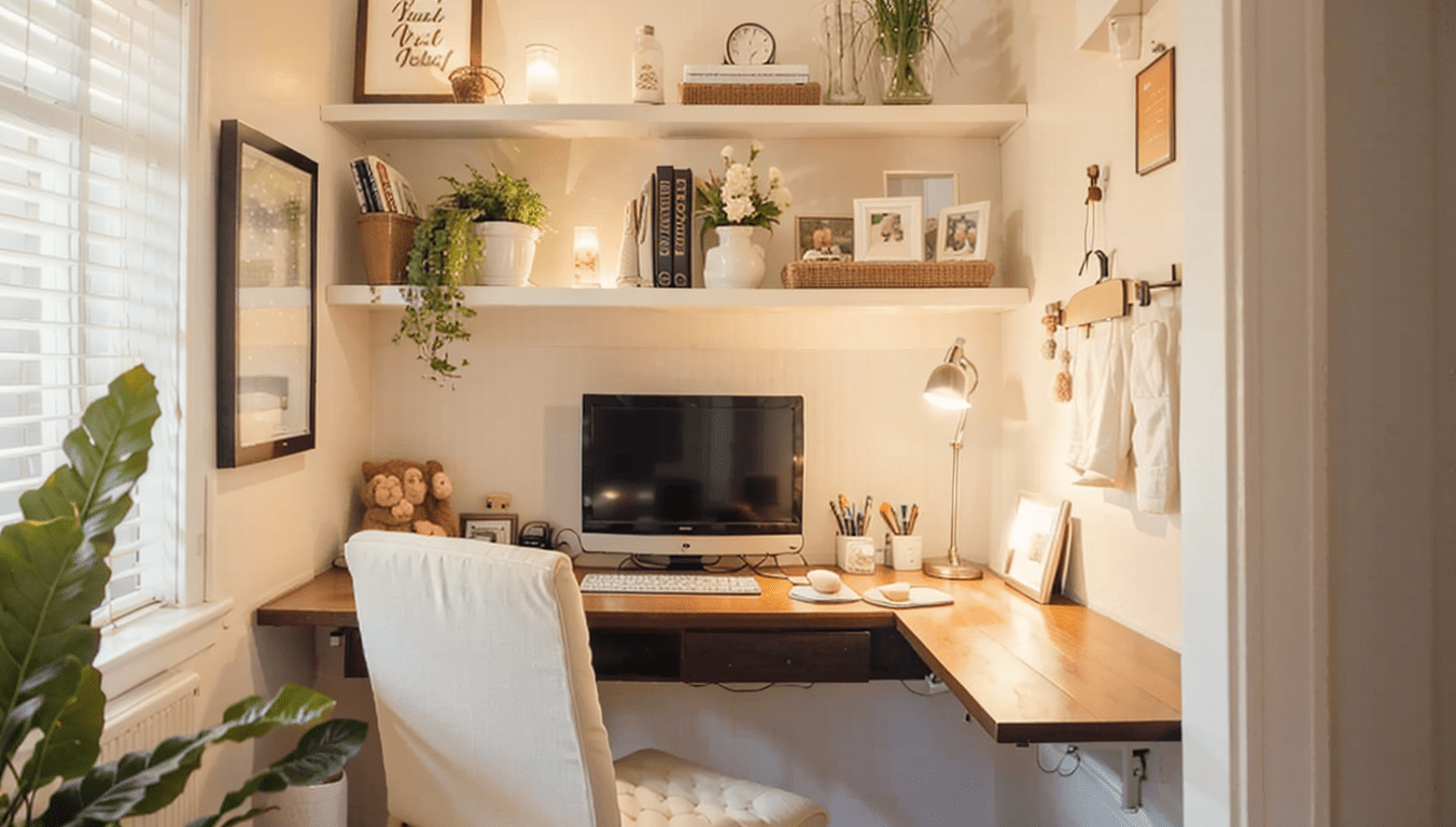 Small bedroom organization, corner workstation, L-shaped desk, vertical shelving, bulletin board, cozy workspace, efficient bedroom layout--