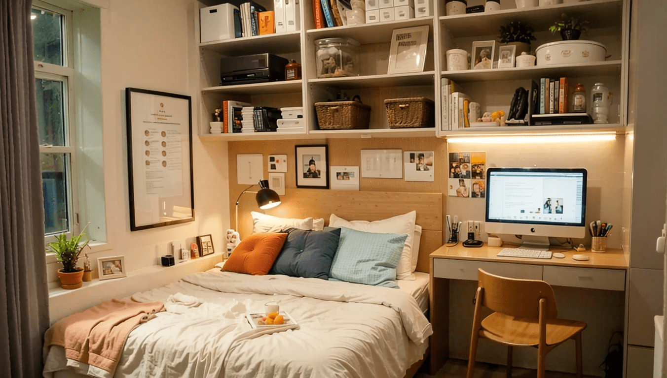 Small bedroom organization, corner workstation, L-shaped desk, vertical shelving, bulletin board, cozy workspace, efficient bedroom layout..