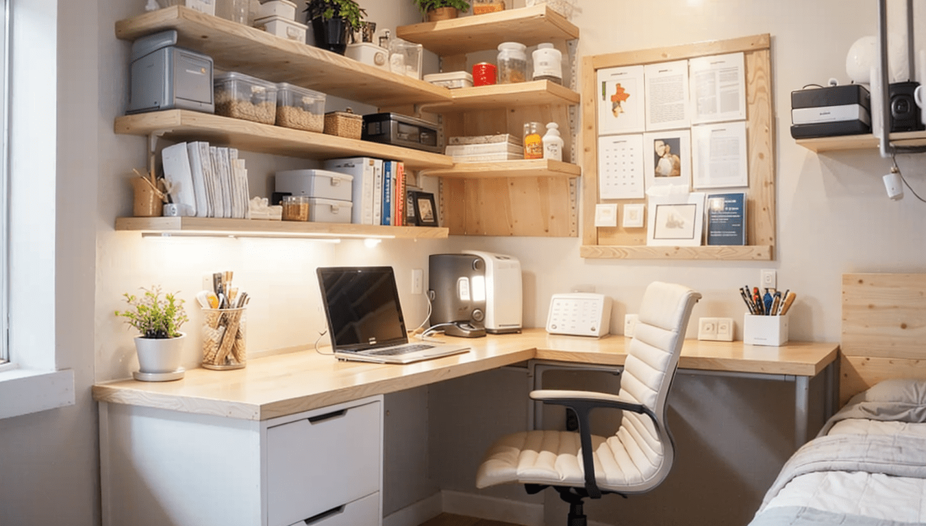 Small bedroom organization, corner workstation, L-shaped desk, vertical shelving, bulletin board, cozy workspace, efficient bedroom layout.