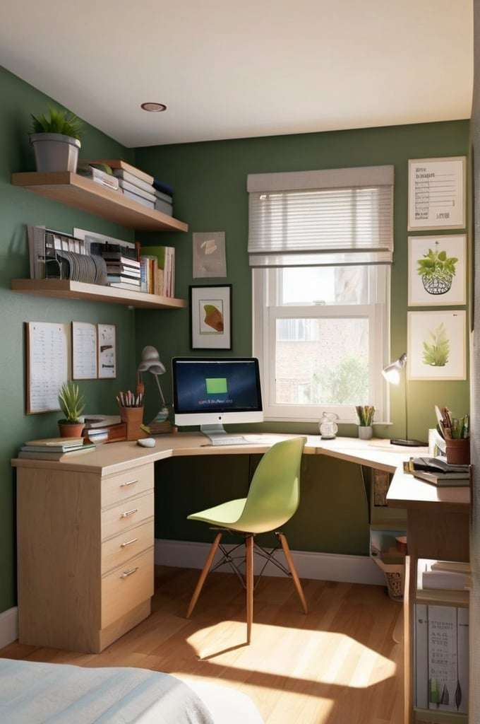 Small bedroom organization, corner workstation, L-shaped desk, vertical shelving, bulletin board, cozy workspace, efficient bedroom layout