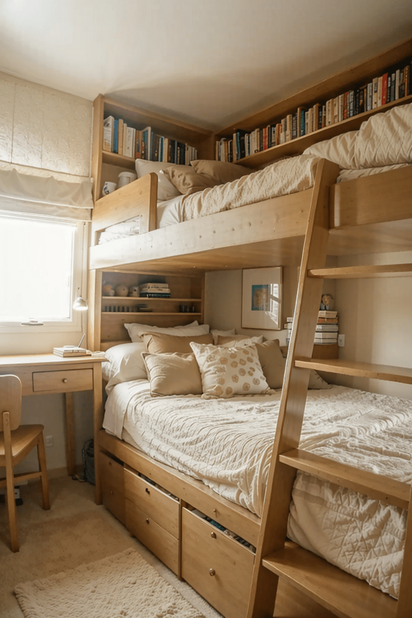 Small bedroom organizing, bunk bed with study area, space-saving furniture, minimalist bedroom design