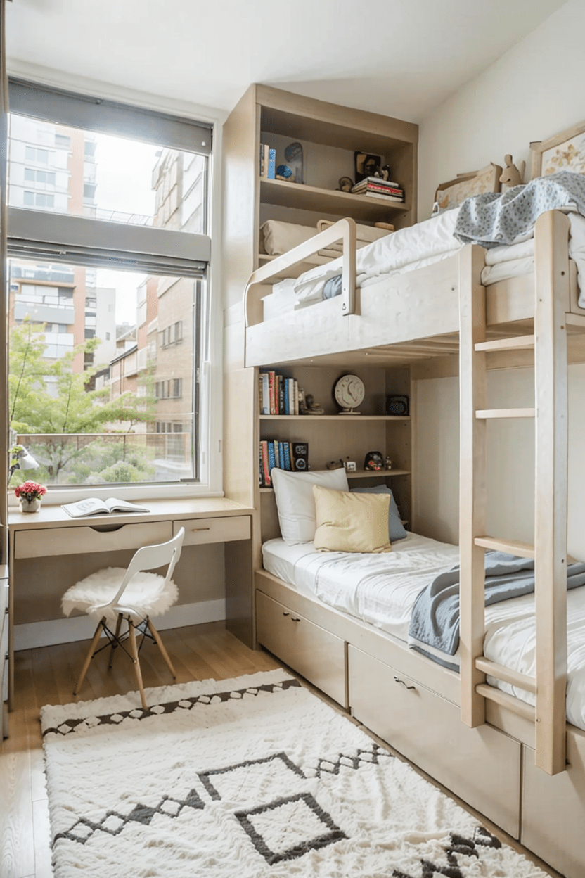 Small bedroom organizing, bunk bed with study area, space-saving furniture, minimalist bedroom design.