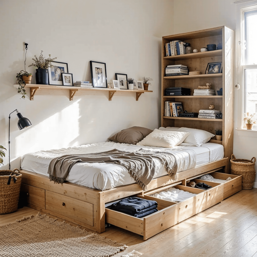 Small bedroom, under-bed storage, space-saving furniture, minimalist decor, light-filled room, organized space..