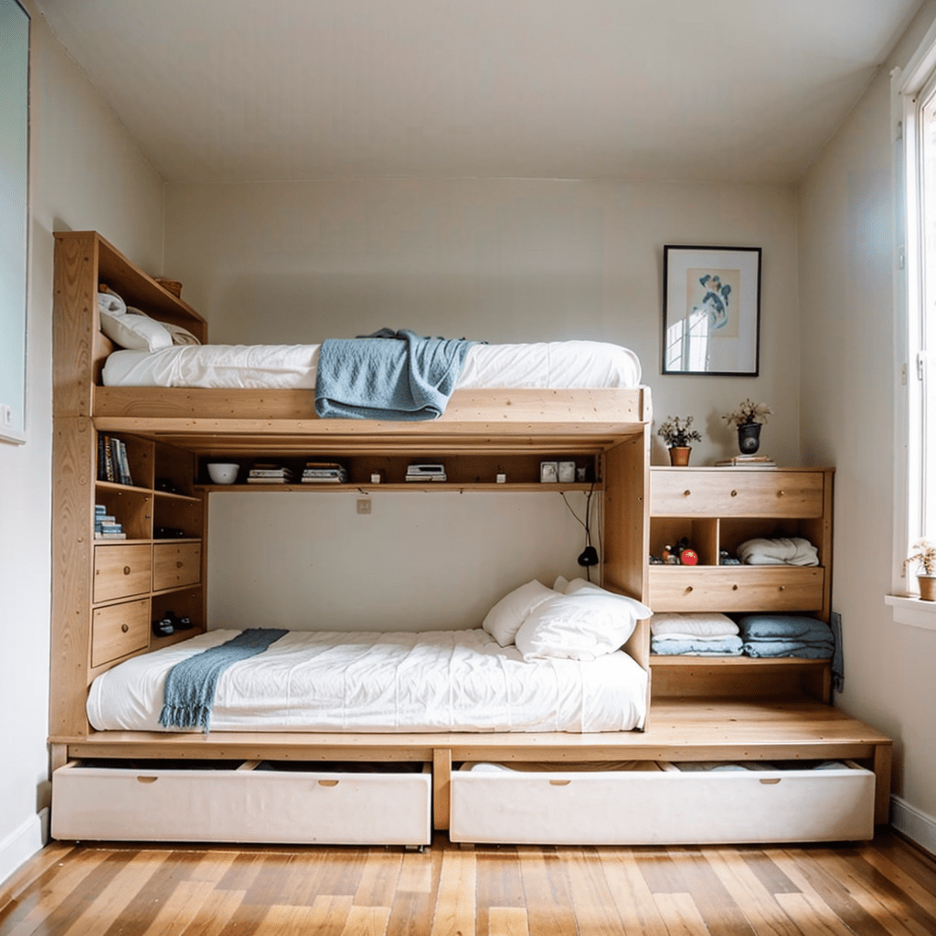 Small bedroom, under-bed storage, space-saving furniture, minimalist decor, light-filled room, organized space....