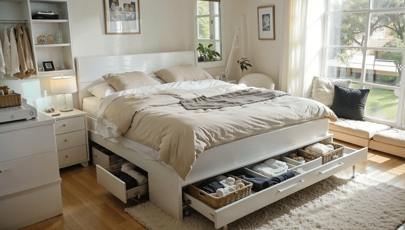 Small bedroom, under-bed storage, space-saving furniture, minimalist decor, light-filled room, organized space