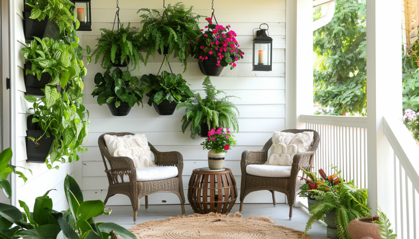 Small porch with vertical and hanging planters, modern seating, and wrought iron lantern lighting amid minimalist décor