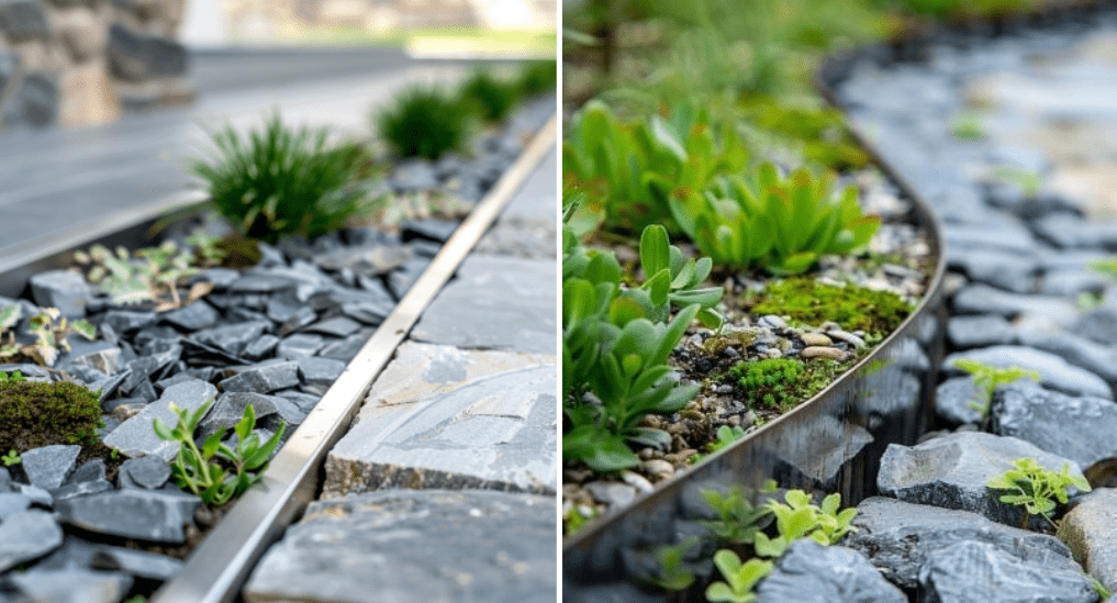 Smooth metal paired with rough stones edging garden