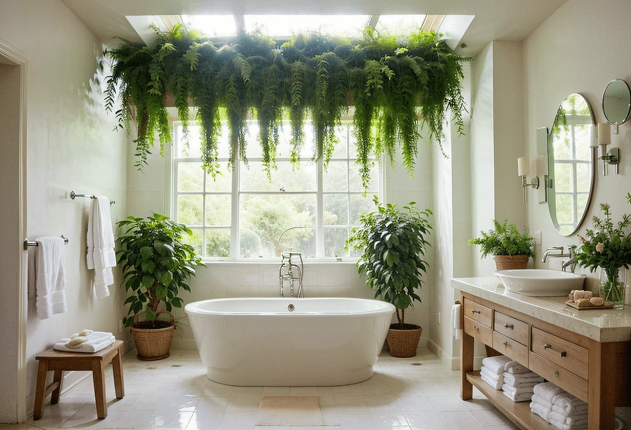 Spa-Like Bathroom Retreat with Hanging Ferns