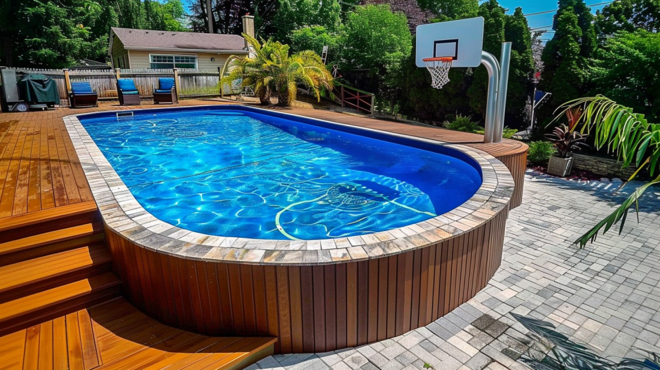 Sporty Pool Upgrade above ground pool with basketball hoop