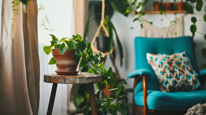 Stylish urban apartment with a Pothos plant in a terra-cotta pot, teal accent chair, and eclectic modern boho decor with ambient light