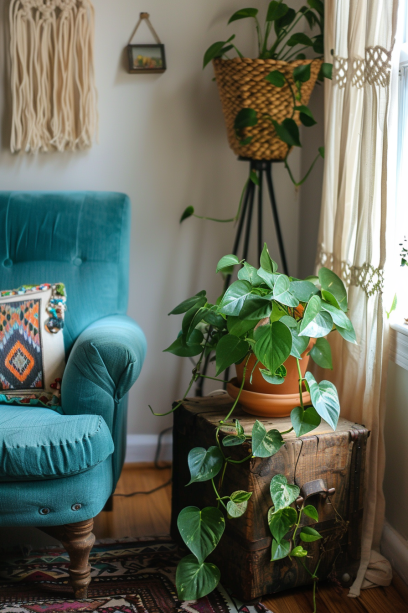 Stylish urban apartment with a Pothos plant in a terra-cotta pot, teal accent chair, and eclectic modern boho decor with ambient lighting