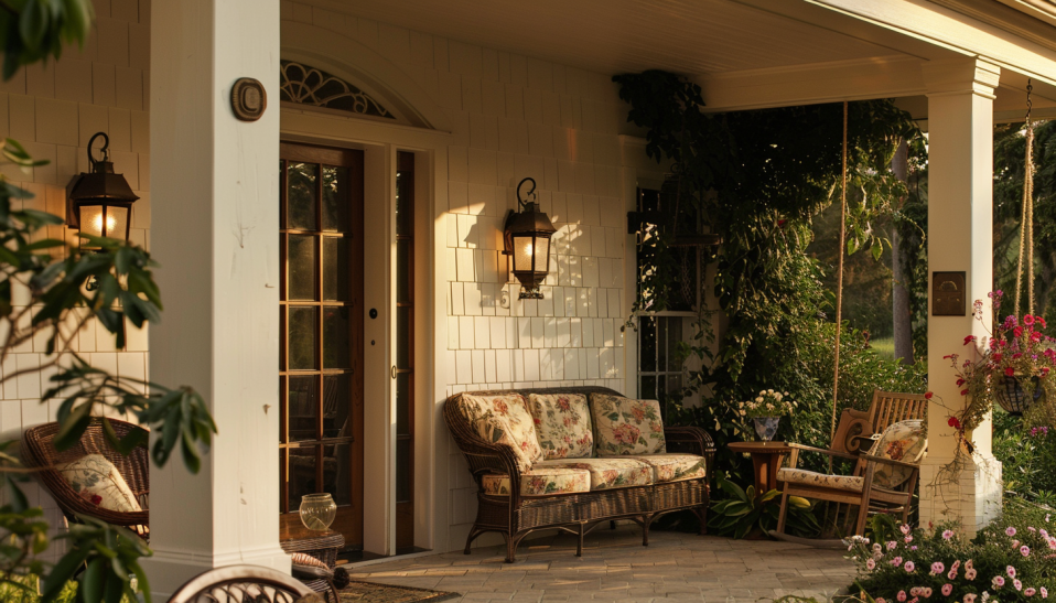 Traditional front porch with decorative vintage sconces casting a warm light on wicker furniture-