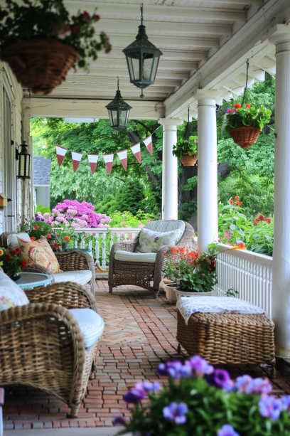 Traditional front porch with decorative vintage sconces casting a warm light on wicker furniture.