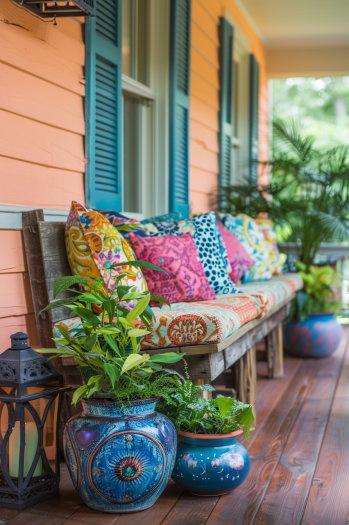 Vibrant and inviting front porch with colorful planters, cushions, and accessories creating a warm and welcoming atmosphere