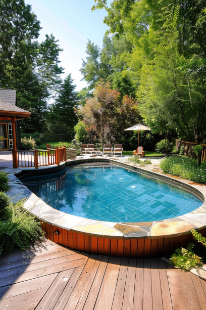 Wide Shot of Backyard with Rustic Stone Surround Above-Ground Pool-