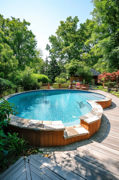 Wide Shot of Backyard with Rustic Stone Surround Above-Ground Pool