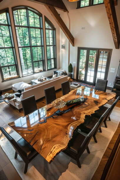 Wide-angle shot of spacious dining area with a large live edge dining table, blending contemporary and rustic decor, with ample natural light