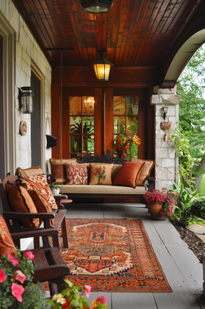Wide shot of a charming front porch with a mix of rustic and contemporary furniture, coordinated earth-tone cushions, and a well-manicured yard.