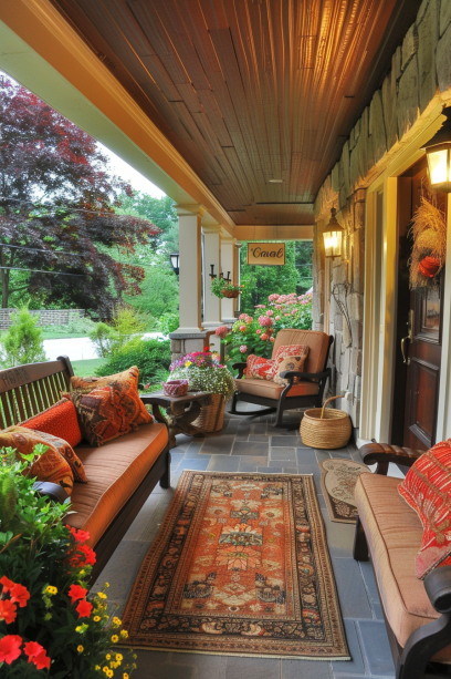 Wide shot of a charming front porch with a mix of rustic and contemporary furniture, coordinated earth-tone cushions, and a well-manicured yard..