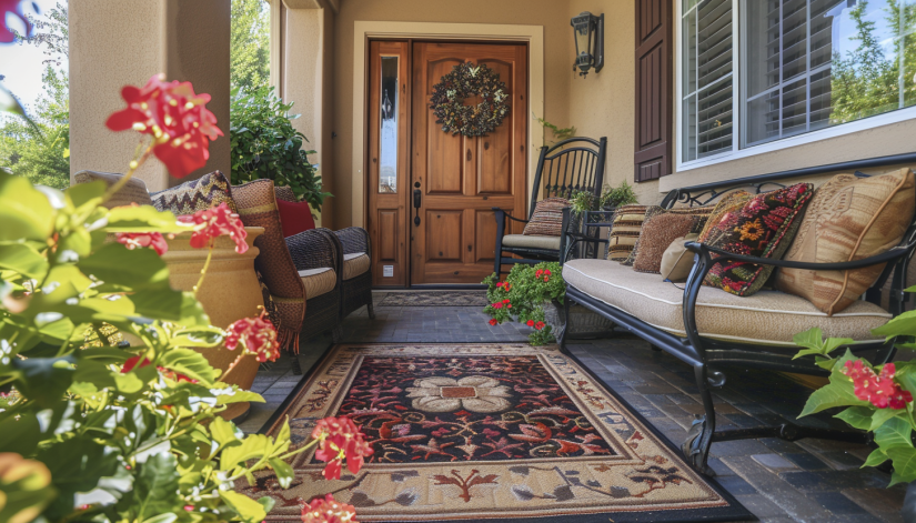 Wide shot of a charming front porch with a mix of rustic and contemporary furniture, coordinated earth-tone cushions, and a well-manicured yards