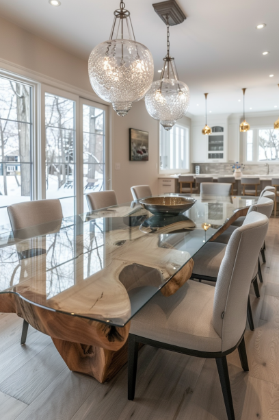 Wide shot of a dining room with a central live edge dining table with glass accents, modern pendant lighting, and stylish chairs