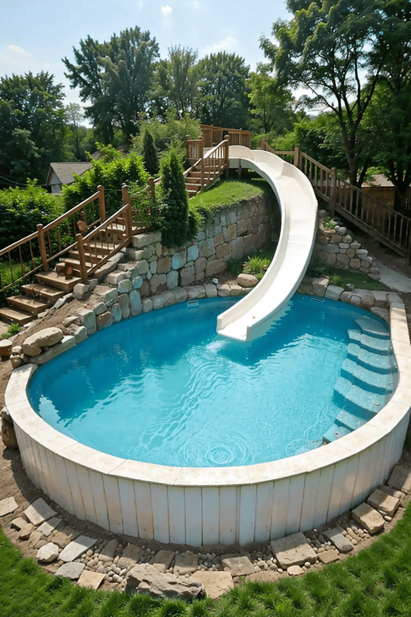 Wide shot of a kid-friendly backyard with an above ground pool