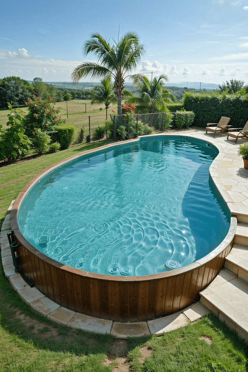 Wide shot of a luxurious above-ground infinity edge pool blending seamlessly with a picturesque background