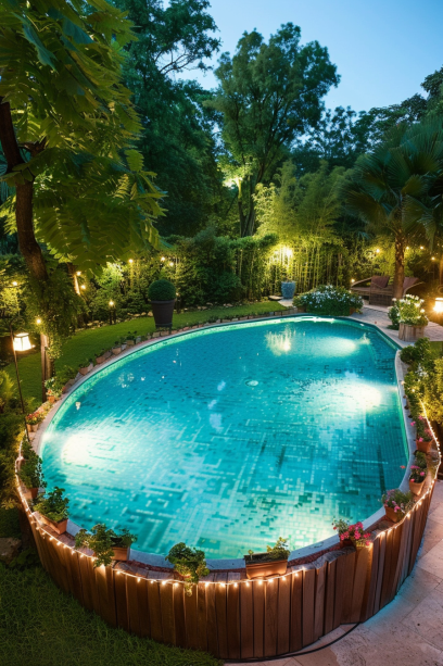 Wide shot of a luxurious backyard pool area at dusk with creative lighting
