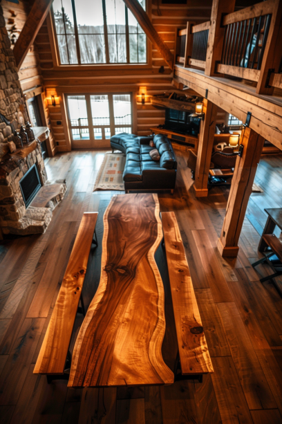 Wide shot of a rustic dining area with a live edge dining table and bench seating, featuring farmhouse decor