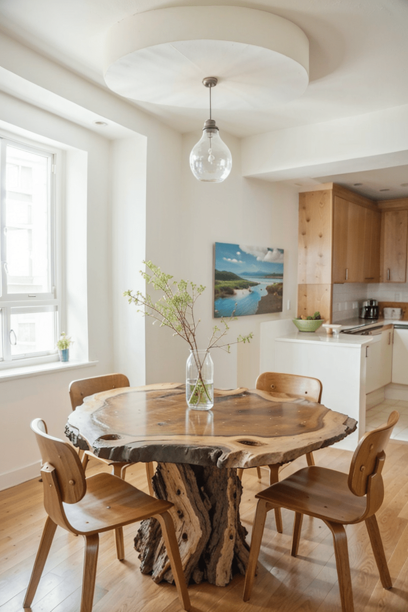Wide shot of a small dining room featuring a round live edge dining table and modern chairs