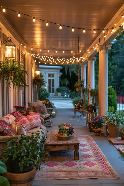 Wide shot of a spacious front porch creatively lit with string lights