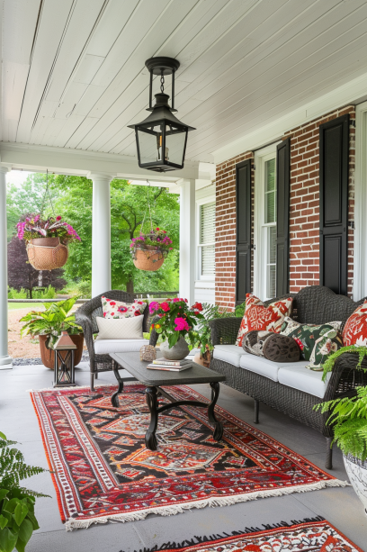 Wide shot of a stylish and welcoming front porch with multiple outdoor rugs, elegant furniture, and lush potted plants