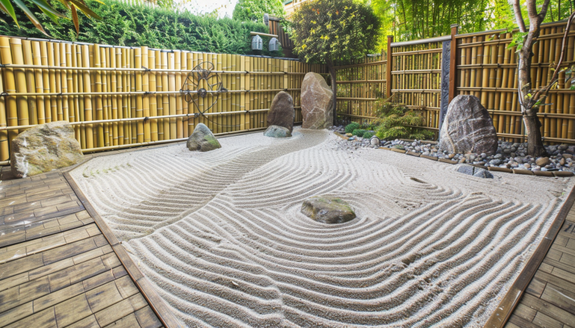 Zen sand garden, Japanese garden, meditation space, raked gravel, bamboo enclosure
