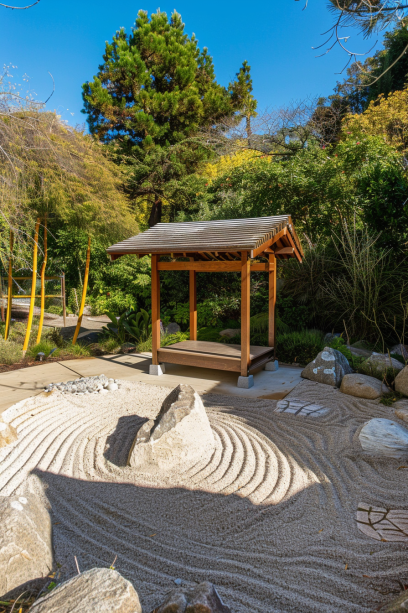 Zen sand garden, Japanese garden, meditation space, raked gravel, bamboo enclosure relaxing