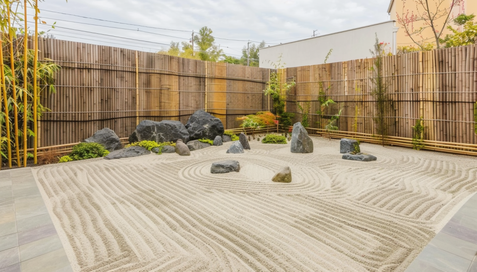Zen sand garden, Japanese garden, meditation space, raked gravel, bamboo enclosure.