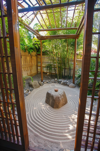 Zen sand garden, Japanese garden, meditation space, raked gravel, bamboo