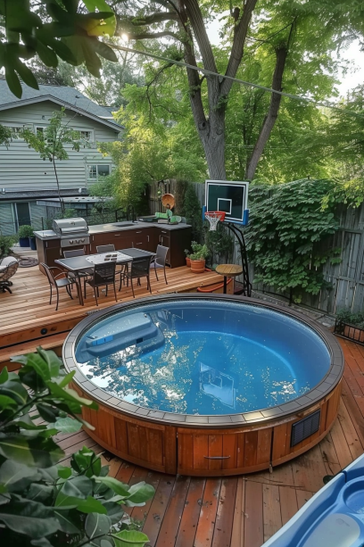 above ground pool, fun with basketball