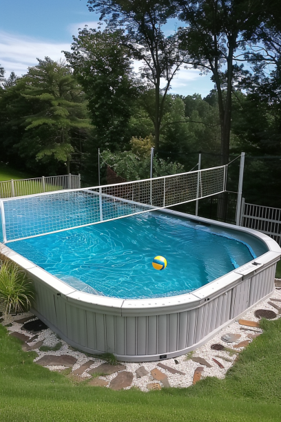 above ground pool like sports center with volley ball net