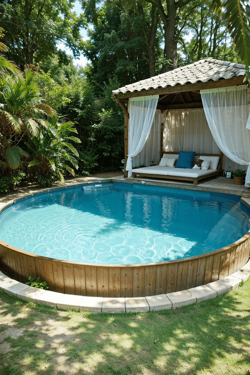 above ground pool with curtains and shade hut