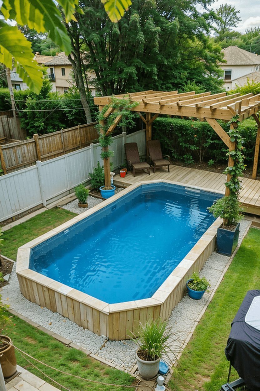 above ground pool with fence and wooden pergola privacy