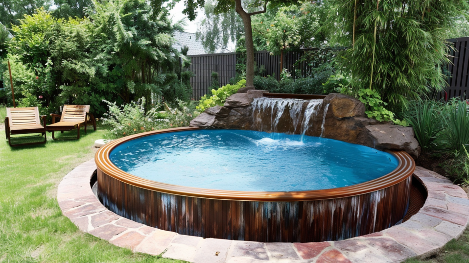 above ground pool with waterfall feature backyard